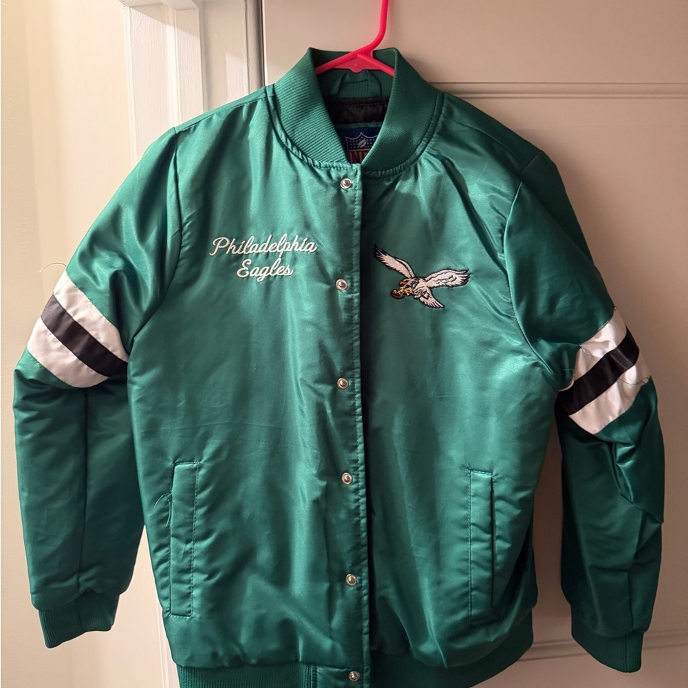 NFL Green Satin Kids Jean-Style Team Jacket with White & Black Sleeve Stripes